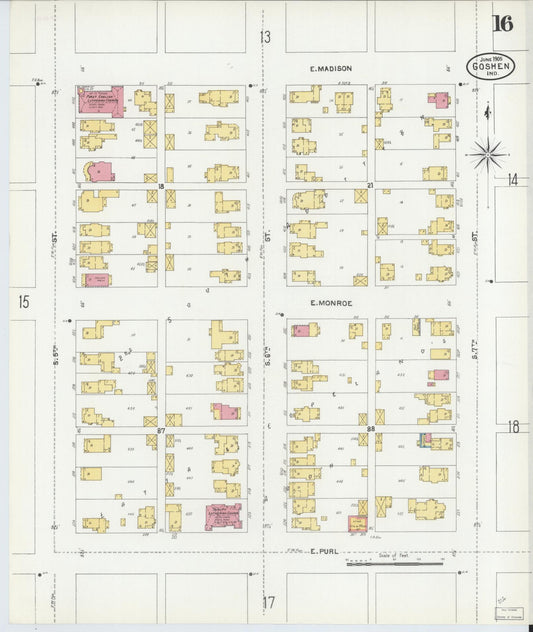 Sanborn Fire Insurance Map from Goshen, Elkhart County, Indiana (1905), Sheet #0016 - Historic Sanborn Fire Insurance Map Print, vintage old map wall art, antique decor, genealogy gift, Indiana Indiana map