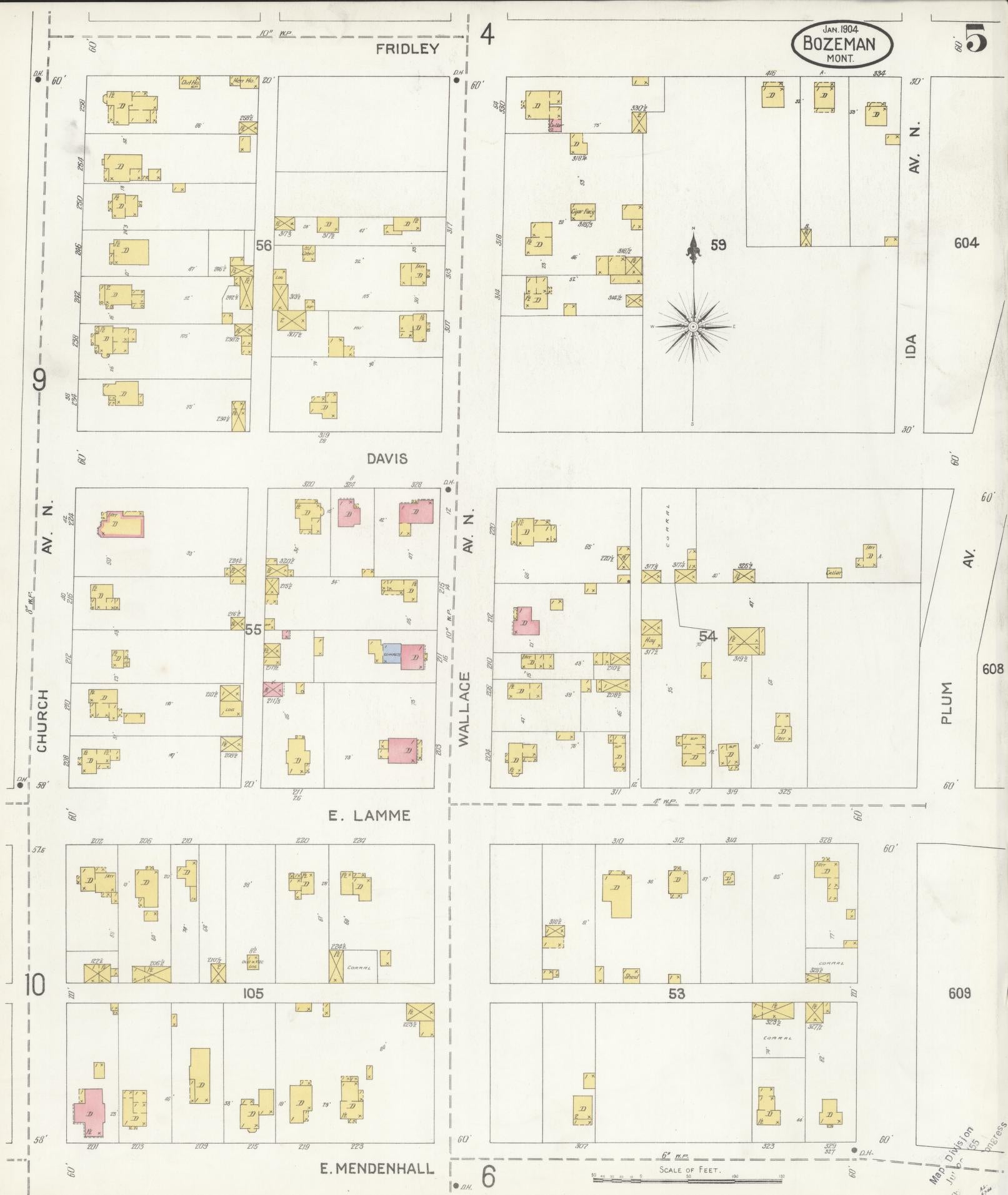 Sanborn Fire Insurance Map from Bozeman, Gallatin County, Montana (1904), Sheet #0005 - Complete Map Set gallery image, historic Sanborn map, vintage wall art, Montana Montana