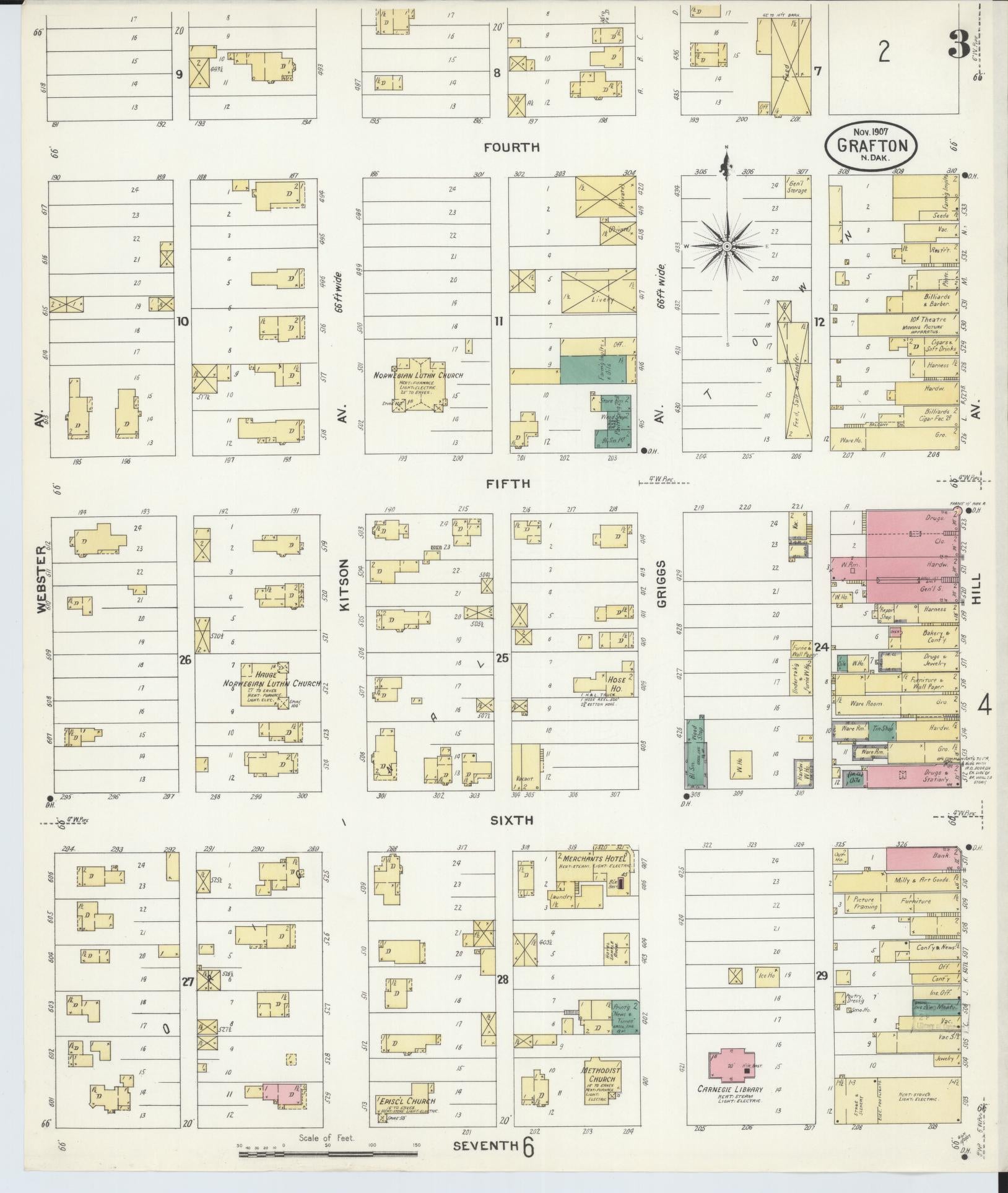 Sanborn Fire Insurance Map from Grafton, Walsh County, North Dakota (1907), Sheet #0003 - Historic Sanborn Fire Insurance Map Print, vintage old map wall art, antique decor, genealogy gift, North Dakota North Dakota map