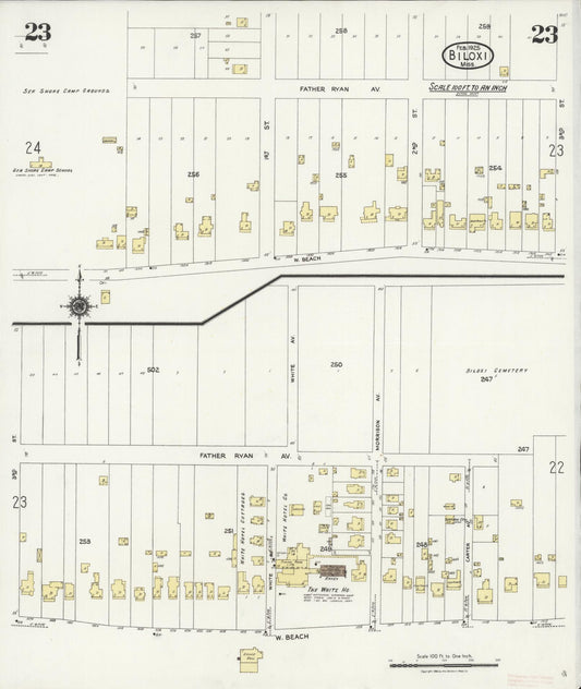 Sanborn Fire Insurance Map from Biloxi, Harrison County, Mississippi (1925), Sheet #0023 - Historic Sanborn Fire Insurance Map Print, vintage old map wall art, antique decor, genealogy gift, Mississippi Mississippi map