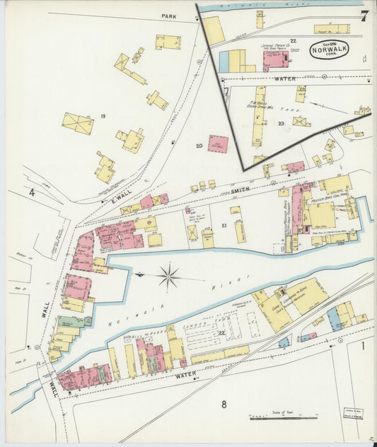 Sanborn Fire Insurance Map from Norwalk, Fairfield County, Connecticut (1896), Sheet #0007 - Historic Sanborn Fire Insurance Map Print, vintage old map wall art, antique decor, genealogy gift, Connecticut Connecticut map