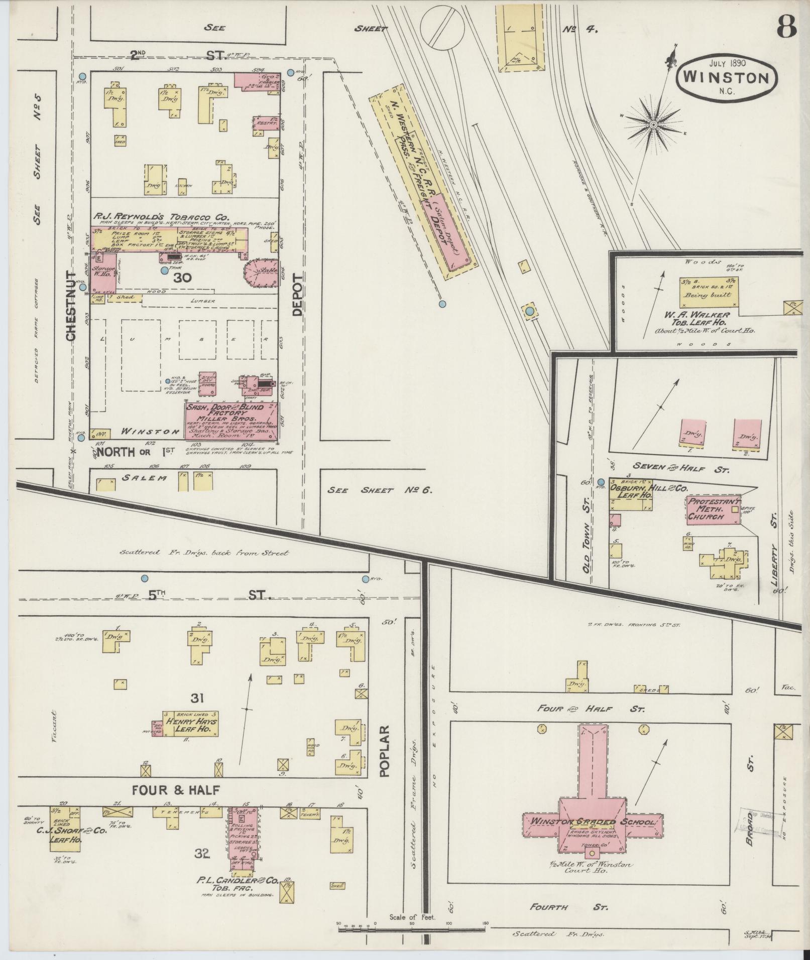Sanborn Fire Insurance Map from Winston-Salem, Forsyth County, North Carolina (1890), Sheet #0008 - Historic Sanborn Fire Insurance Map Print, vintage old map wall art, antique decor, genealogy gift, North Carolina North Carolina map