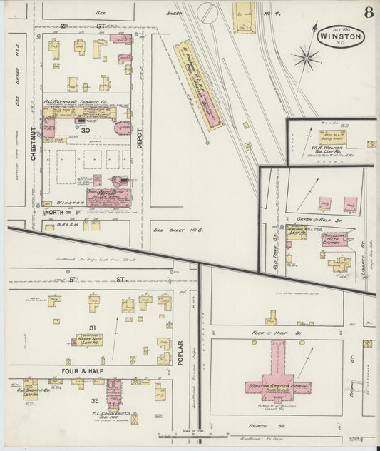 Sanborn Fire Insurance Map from Winston-Salem, Forsyth County, North Carolina (1890), Sheet #0008 - Historic Sanborn Fire Insurance Map Print, vintage old map wall art, antique decor, genealogy gift, North Carolina North Carolina map