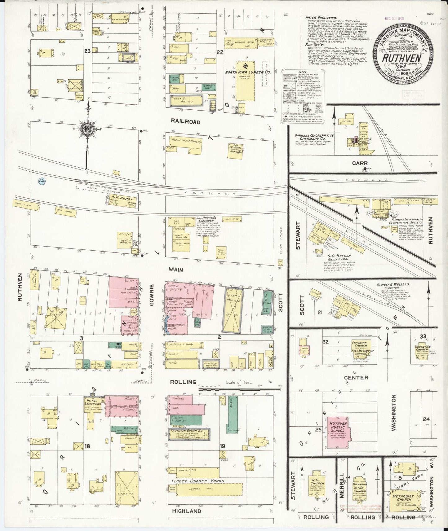 Sanborn Fire Insurance Map from Ruthven, Palo Alto County, Iowa (1909), Sheet #0001 - Historic Sanborn Fire Insurance Map Print, vintage old map wall art