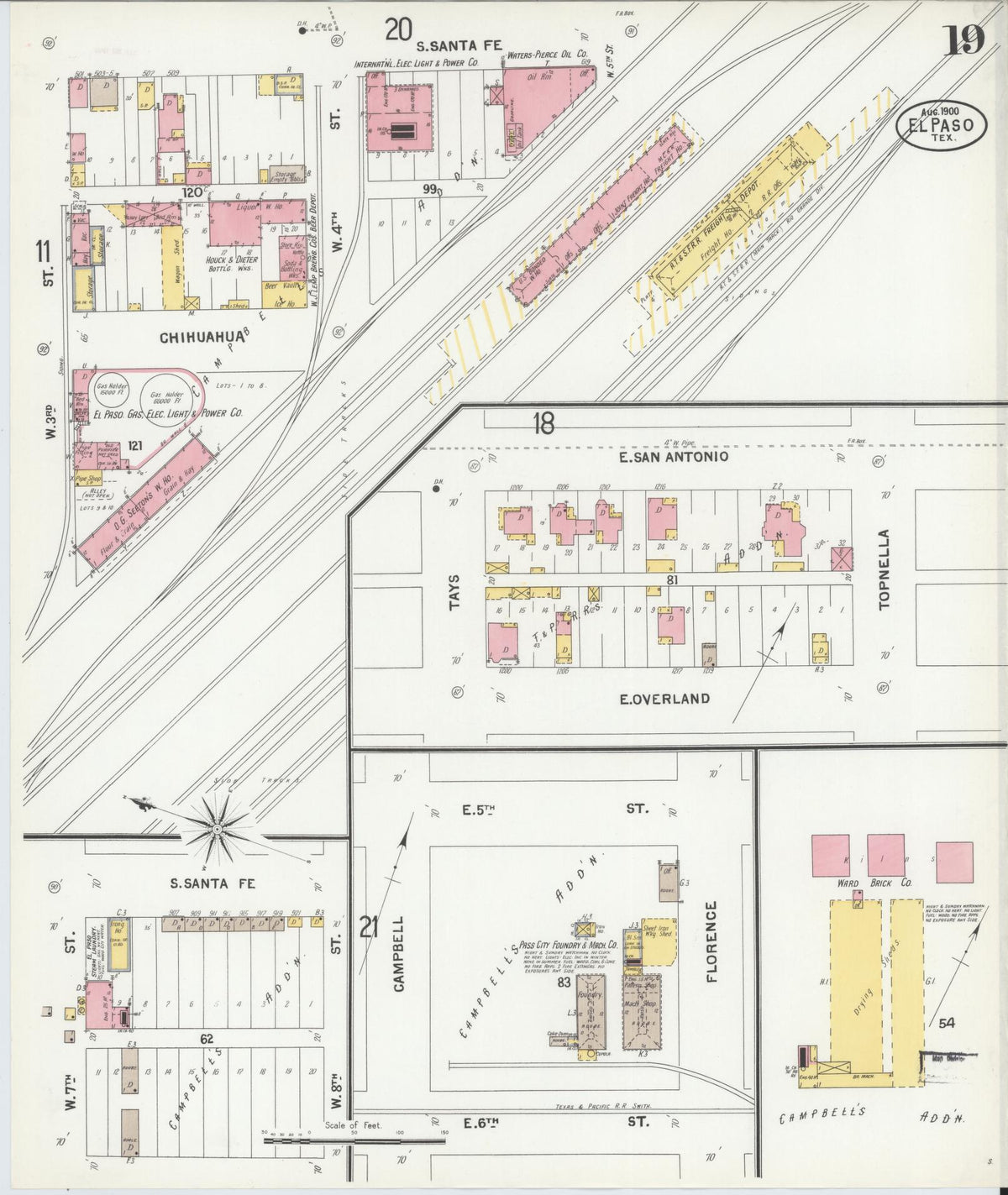 Sanborn Fire Insurance Map from El Paso, El Paso County, Texas (1900), Sheet #0019 - Historic Sanborn Fire Insurance Map Print, vintage old map wall art, antique decor, genealogy gift, Texas Texas map