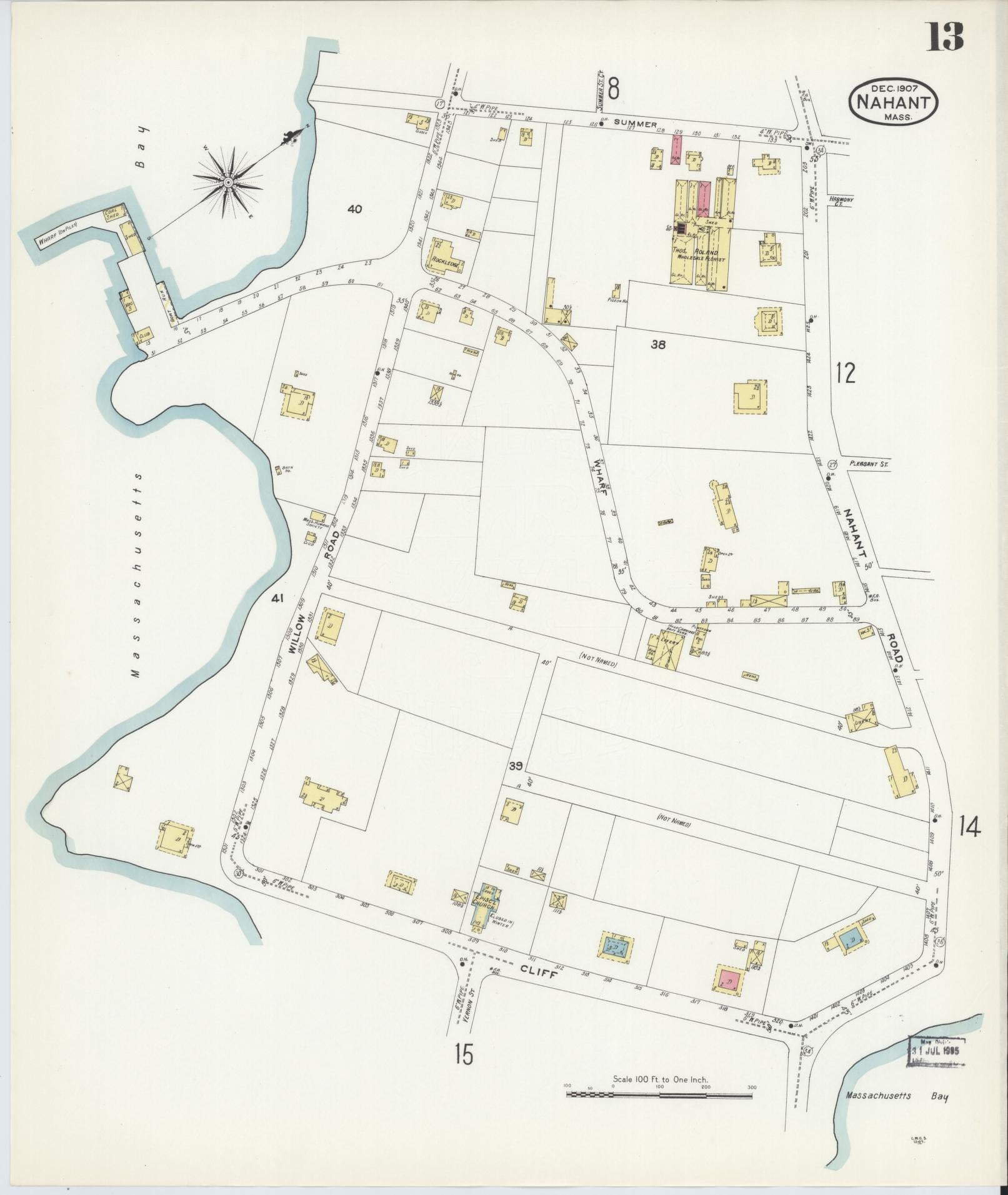 Sanborn Fire Insurance Map from Nahant, Essex County, Massachusetts (1907), Sheet #0013 - Historic Sanborn Fire Insurance Map Print, vintage old map wall art, antique decor, genealogy gift, Massachusetts Massachusetts map