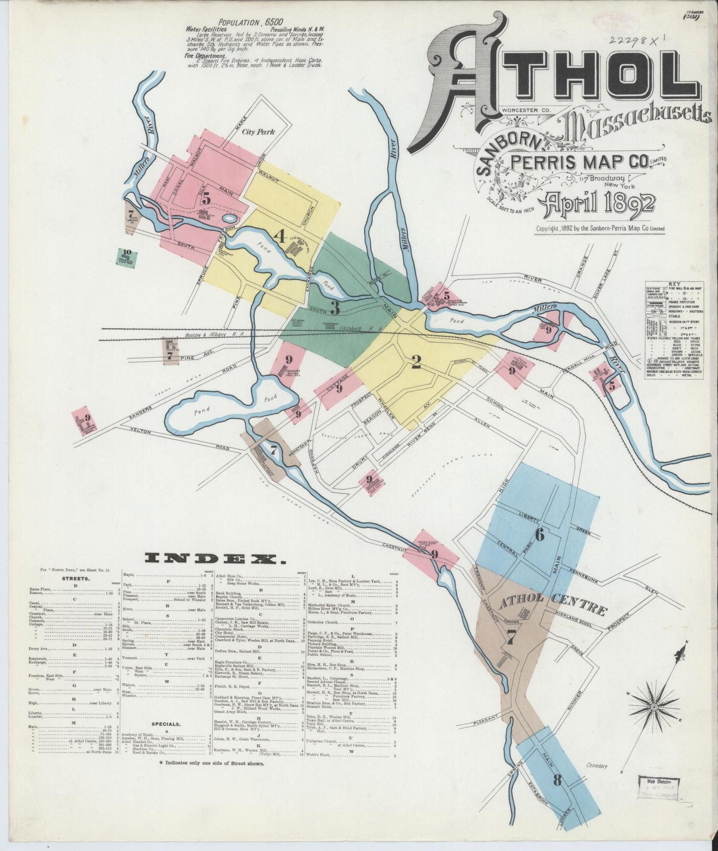 Sanborn Fire Insurance Map from Athol, Worcester County, Massachusetts. (1892) – Historic Sanborn Fire Insurance Map Print