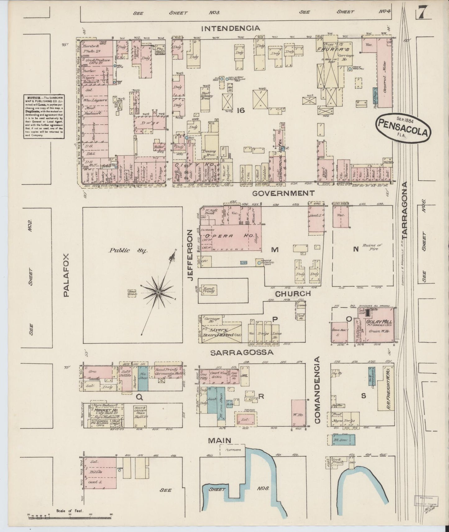 Sanborn Fire Insurance Map from Pensacola, Escambia County, Florida (1884), Sheet #0007 - Complete Map Set gallery image, historic Sanborn map, vintage wall art, Florida Florida