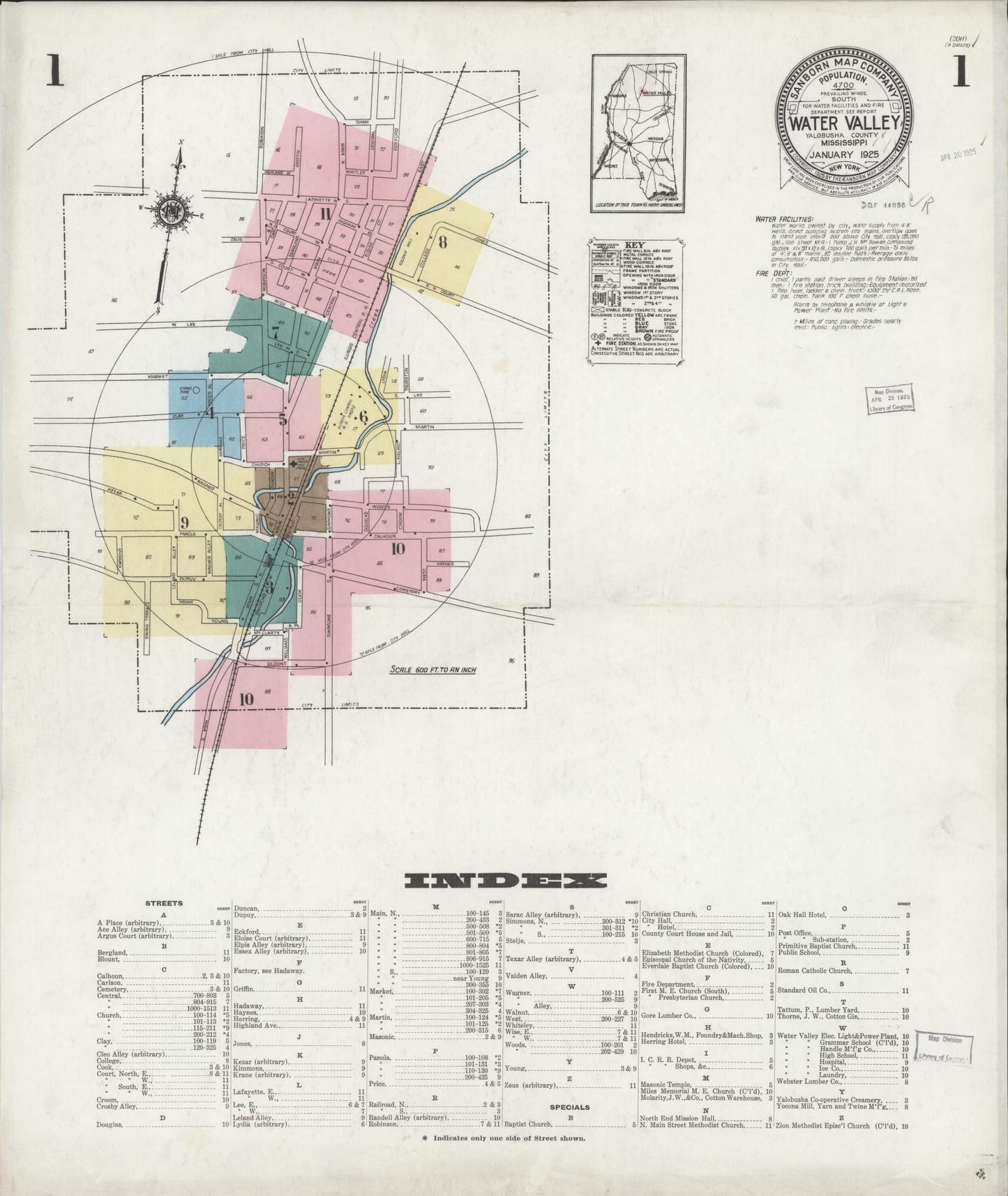 Sanborn Fire Insurance Map from Water Valley, Yalobusha County, Mississippi (1925), Sheet #0001 - Complete Map Set gallery image, historic Sanborn map, vintage wall art, Mississippi Mississippi