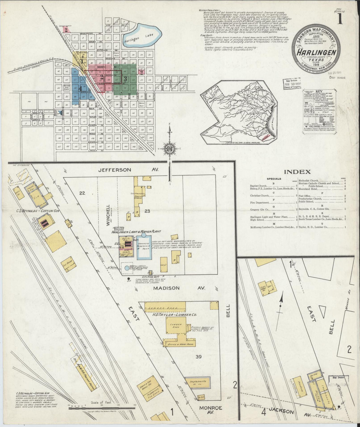 Sanborn Fire Insurance Map from Harlingen, Cameron County, Texas (1919), Sheet #0001 - Historic Sanborn Fire Insurance Map Print, vintage old map wall art, antique decor, genealogy gift, Texas Texas map