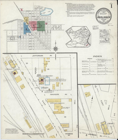 Sanborn Fire Insurance Map from Harlingen, Cameron County, Texas (1919), Sheet #0001 - Historic Sanborn Fire Insurance Map Print, vintage old map wall art, antique decor, genealogy gift, Texas Texas map
