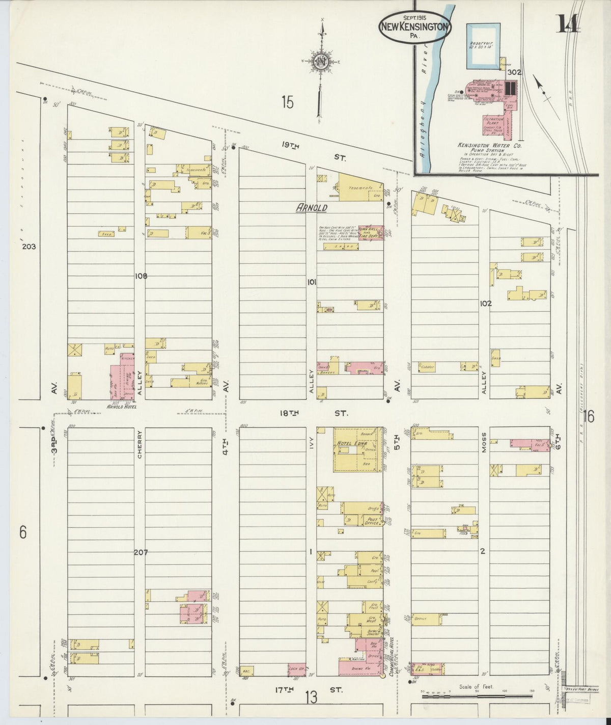Sanborn Fire Insurance Map from New Kensington, Westmoreland County, Pennsylvania (1915), Sheet #0014 - Historic Sanborn Fire Insurance Map Print, vintage old map wall art, antique decor, genealogy gift, Pennsylvania Pennsylvania map