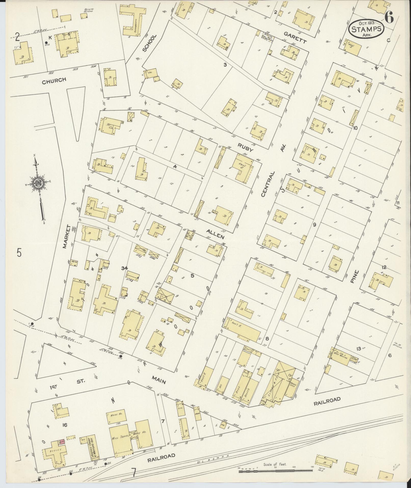 Sanborn Fire Insurance Map from Stamps, Lafayette County, Arkansas (1913), Sheet #0006 - Historic Sanborn Fire Insurance Map Print, vintage old map wall art, antique decor, genealogy gift, Arkansas Arkansas map