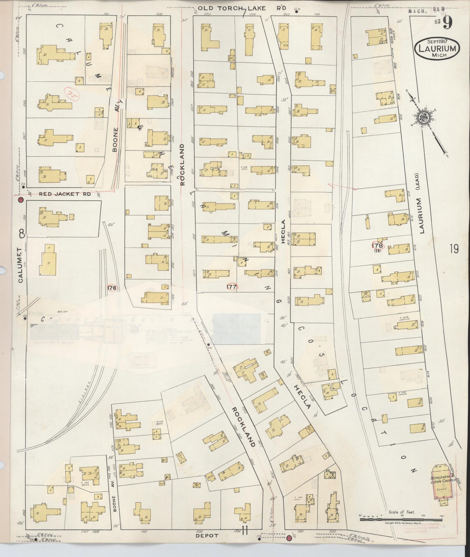 Sanborn Fire Insurance Map from Laurium, Houghton County, Michigan (1949), Sheet #0009 - Complete Map Set gallery image, historic Sanborn map, vintage wall art, Michigan Michigan