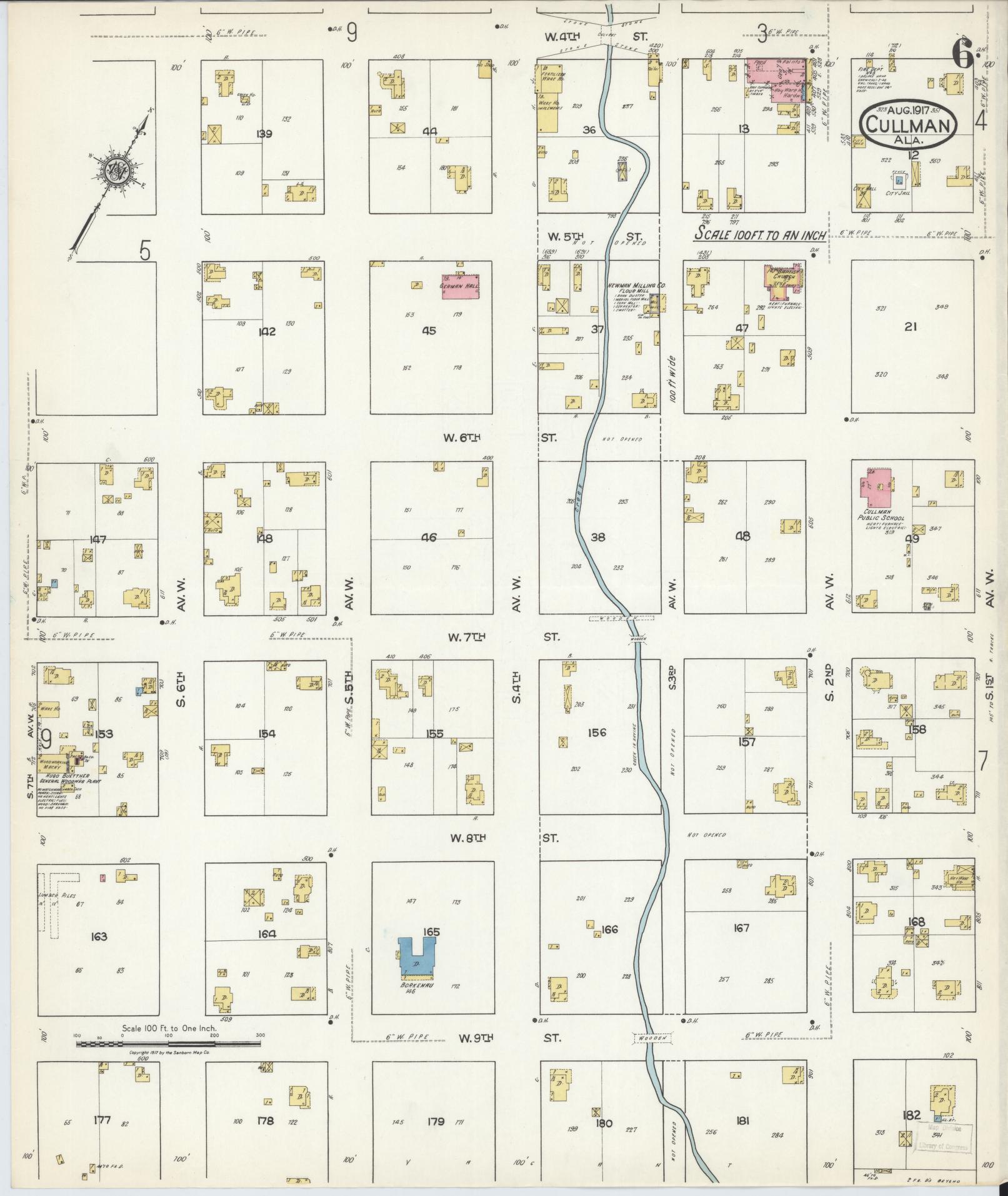 Sanborn Fire Insurance Map from Cullman, Cullman County, Alabama (1917), Sheet #0006 - Historic Sanborn Fire Insurance Map Print, vintage old map wall art, antique decor, genealogy gift, Alabama Alabama map
