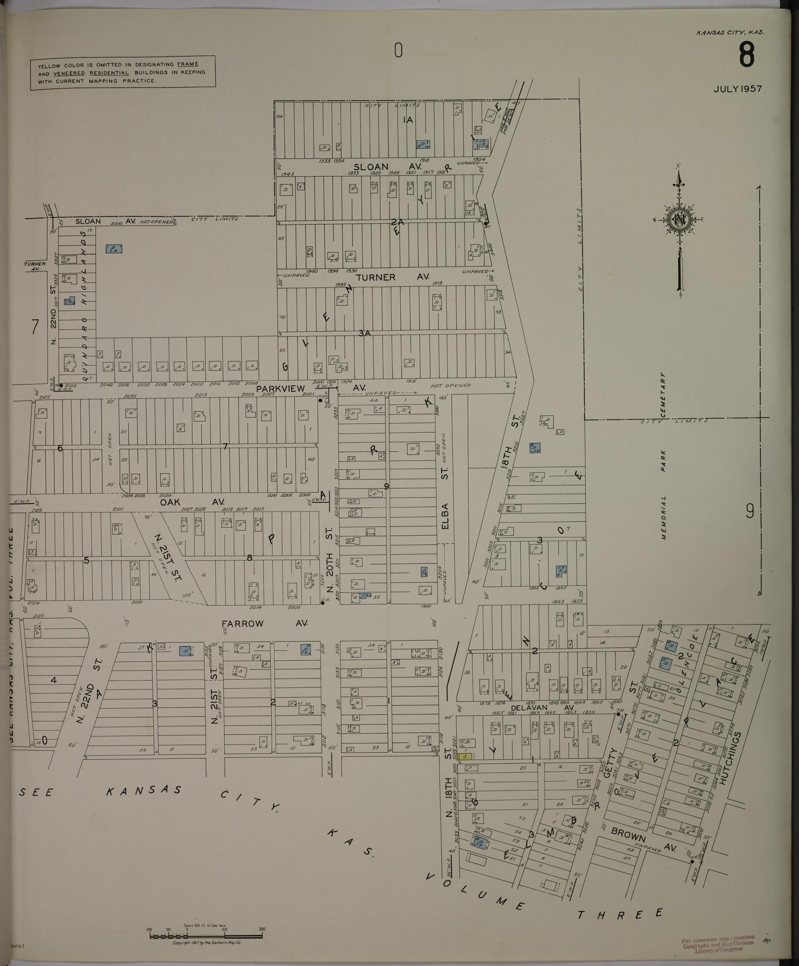 Sanborn Fire Insurance Map from Kansas City, Wyandotte County, Kansas (1957), Sheet #0008 - Historic Sanborn Fire Insurance Map Print, vintage old map wall art, antique decor, genealogy gift, Kansas Kansas map