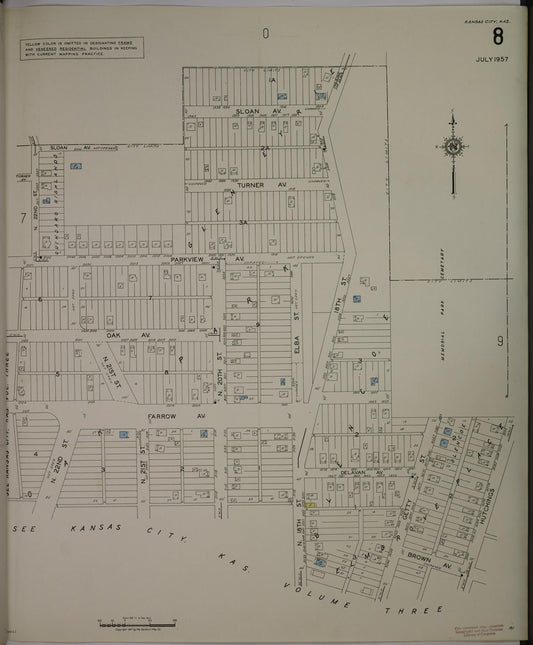 Sanborn Fire Insurance Map from Kansas City, Wyandotte County, Kansas (1957), Sheet #0008 - Historic Sanborn Fire Insurance Map Print, vintage old map wall art, antique decor, genealogy gift, Kansas Kansas map