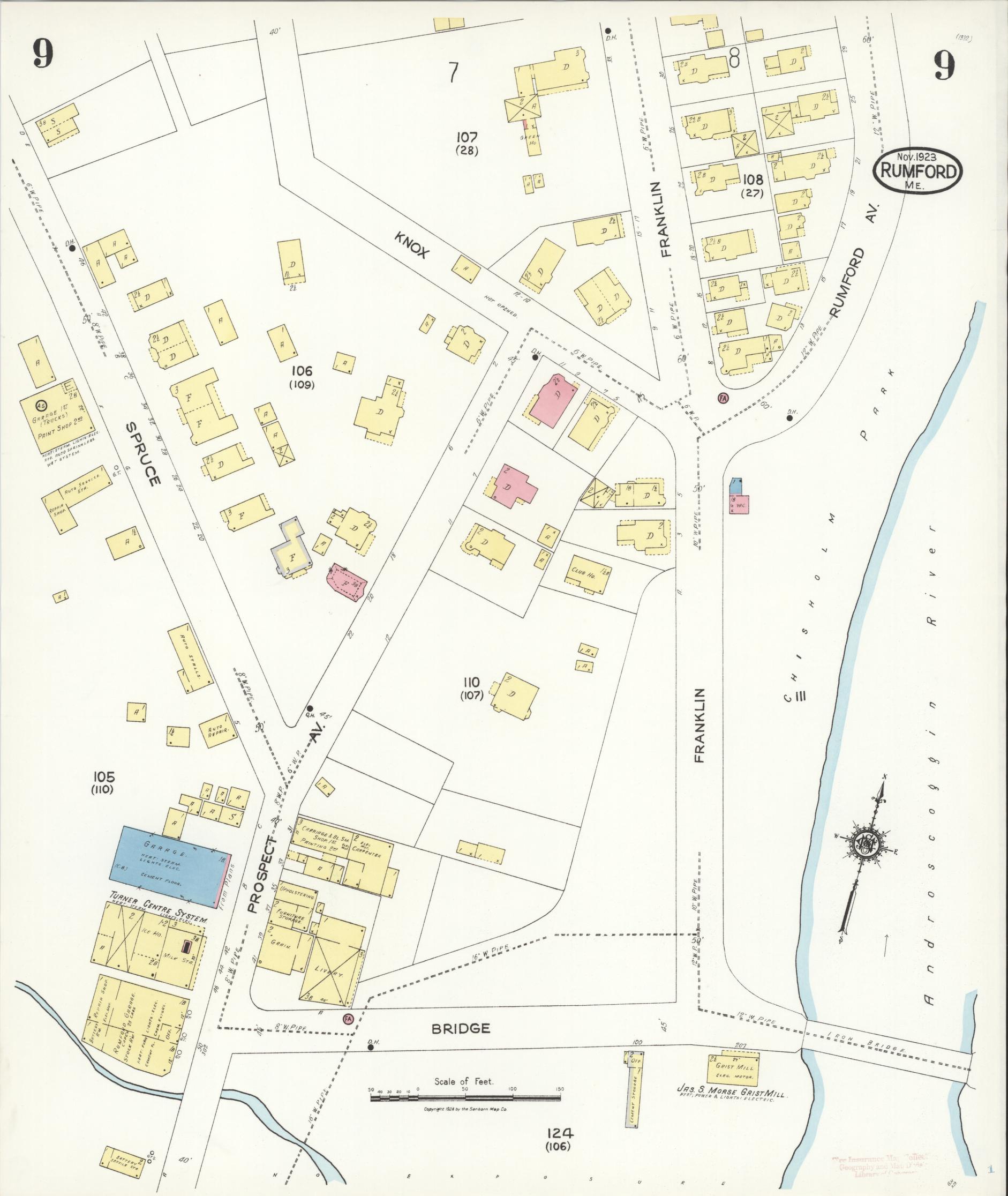 Sanborn Fire Insurance Map from Rumford, Oxford County, Maine (1923), Sheet #0009 - Complete Map Set gallery image, historic Sanborn map, vintage wall art, Maine Maine