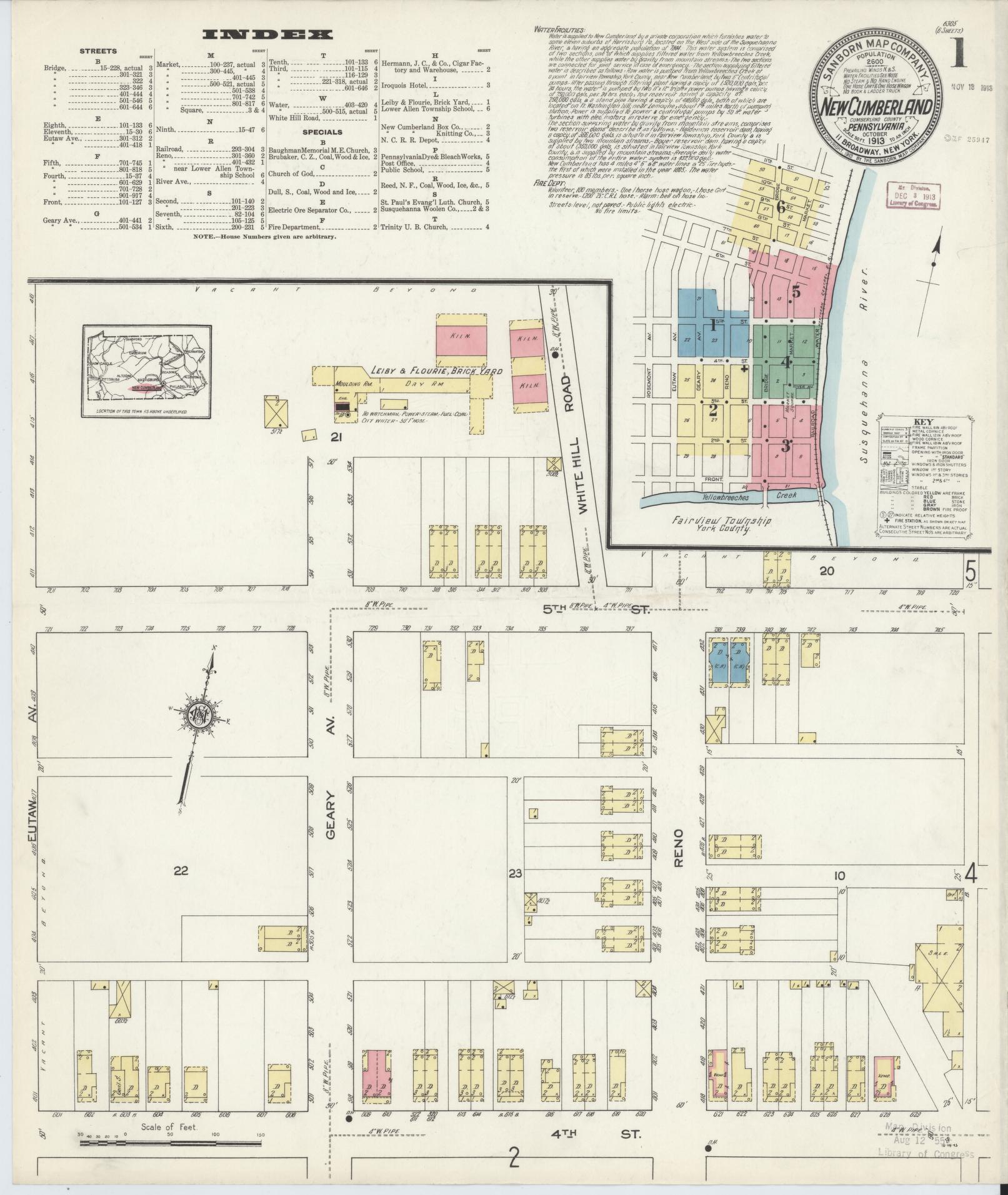 Sanborn Fire Insurance Map from New Cumberland, Cumberland County, Pennsylvania (1913), Sheet #0001 - Historic Sanborn Fire Insurance Map Print, vintage old map wall art, antique decor, genealogy gift, Pennsylvania Pennsylvania map