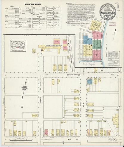 Sanborn Fire Insurance Map from New Cumberland, Cumberland County, Pennsylvania (1913), Sheet #0001 - Historic Sanborn Fire Insurance Map Print, vintage old map wall art, antique decor, genealogy gift, Pennsylvania Pennsylvania map