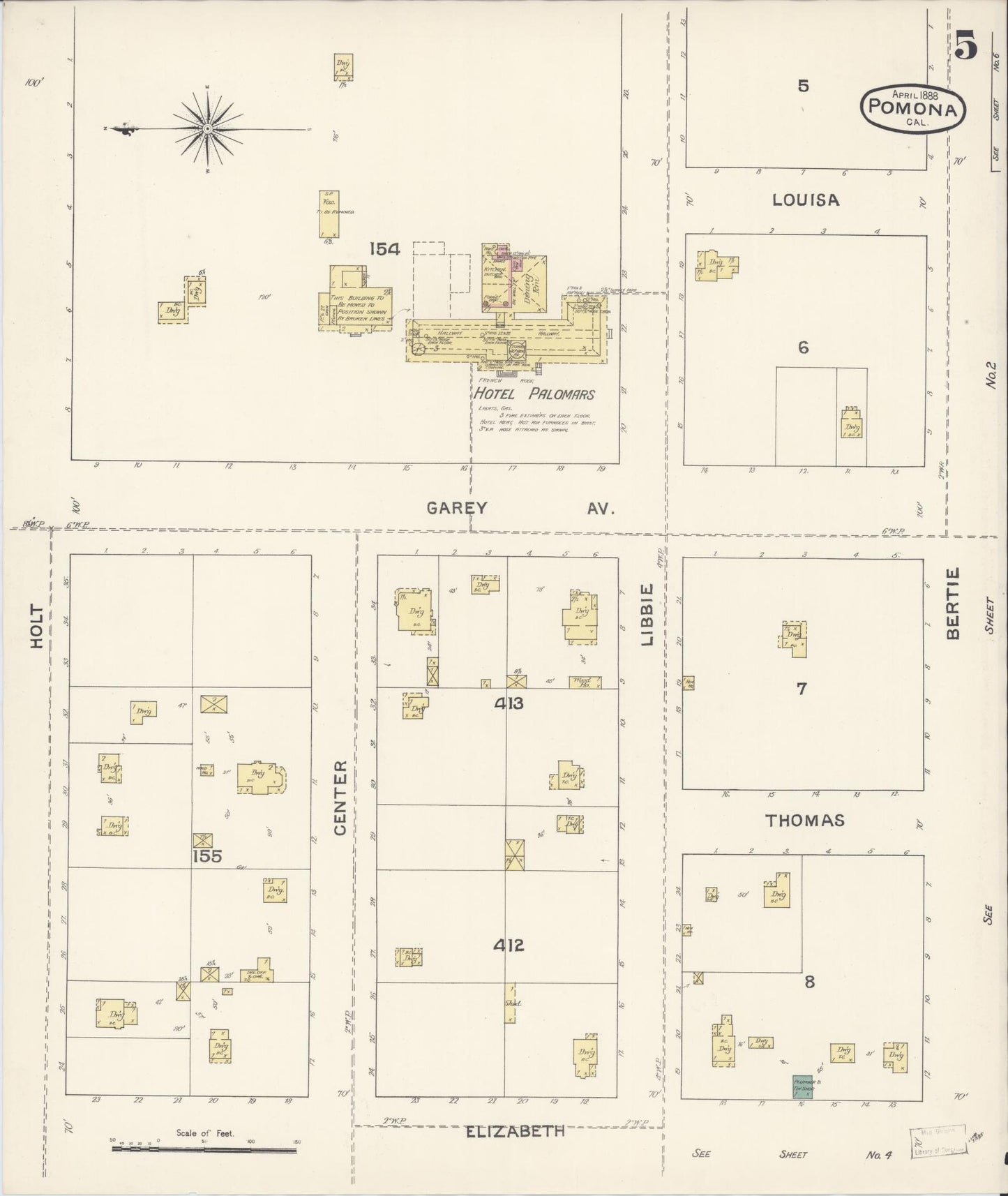 Sanborn Fire Insurance Map from Pomona, Los Angeles County, California (1888), Sheet #0005 - Complete Map Set gallery image, historic Sanborn map, vintage wall art, California California