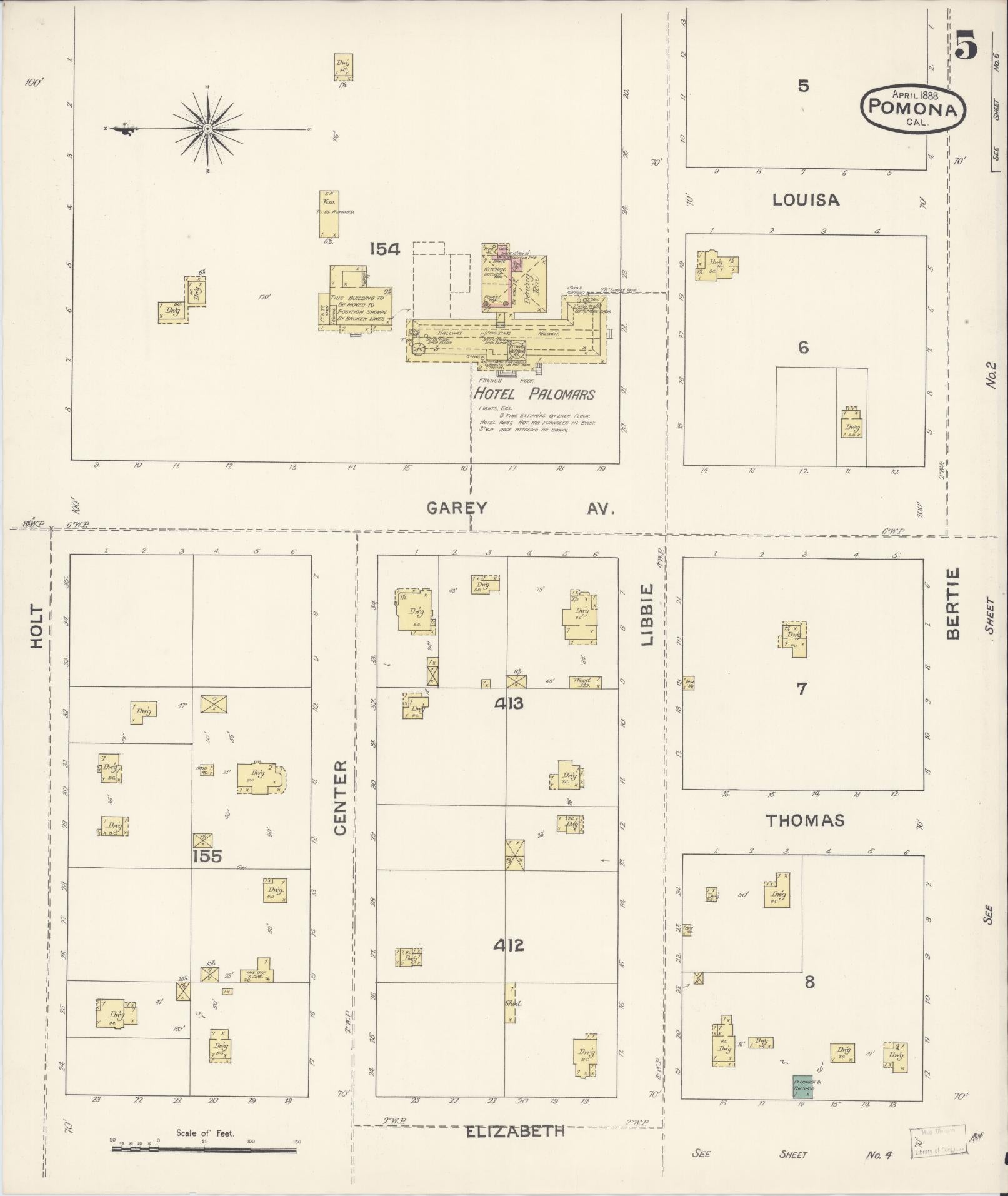 Sanborn Fire Insurance Map from Pomona, Los Angeles County, California (1888), Sheet #0005 - Complete Map Set gallery image, historic Sanborn map, vintage wall art, California California