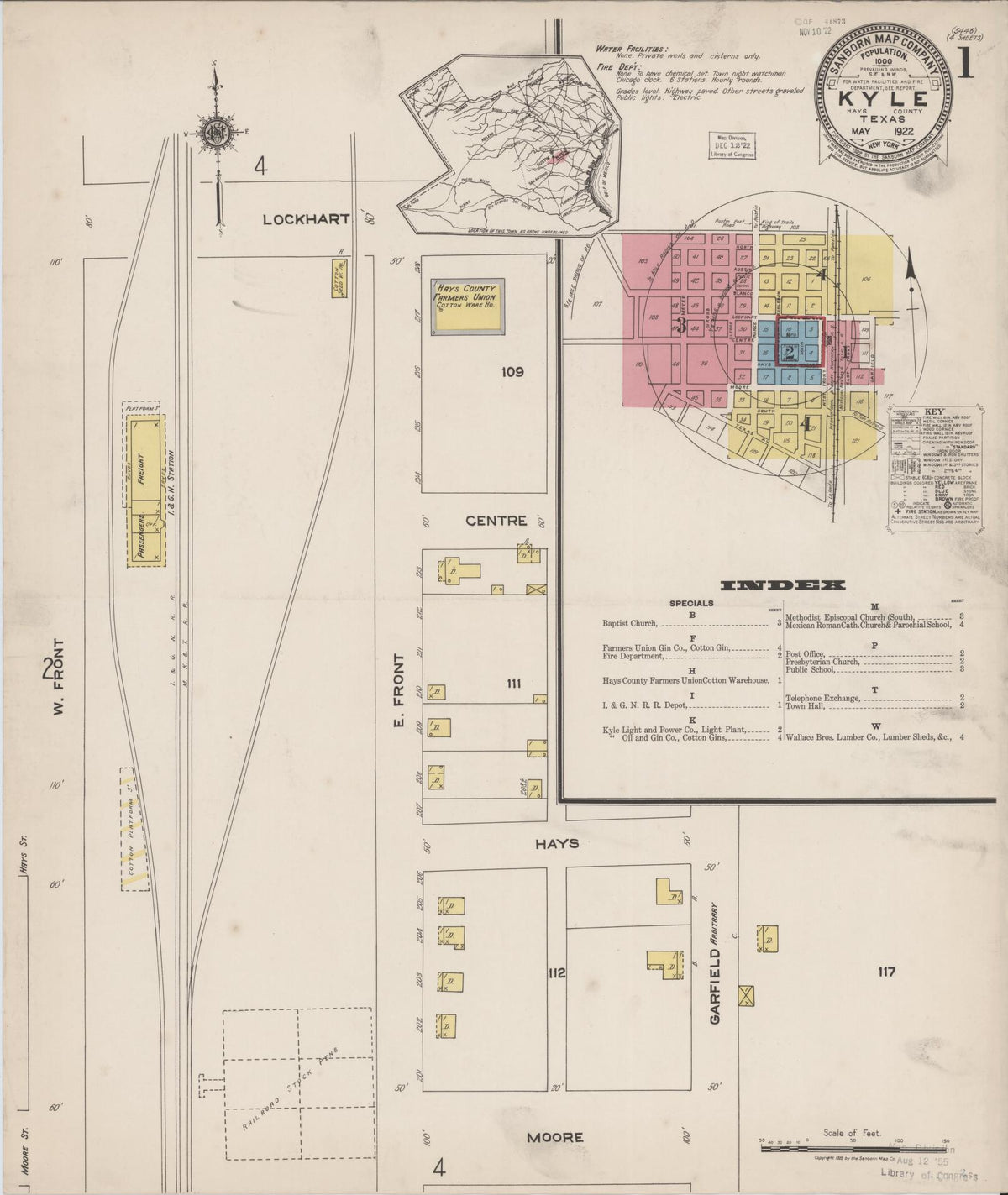 Sanborn Fire Insurance Map from Kyle, Hays County, Texas (1922), Sheet #0001 - Complete Map Set gallery image, historic Sanborn map, vintage wall art, Texas Texas