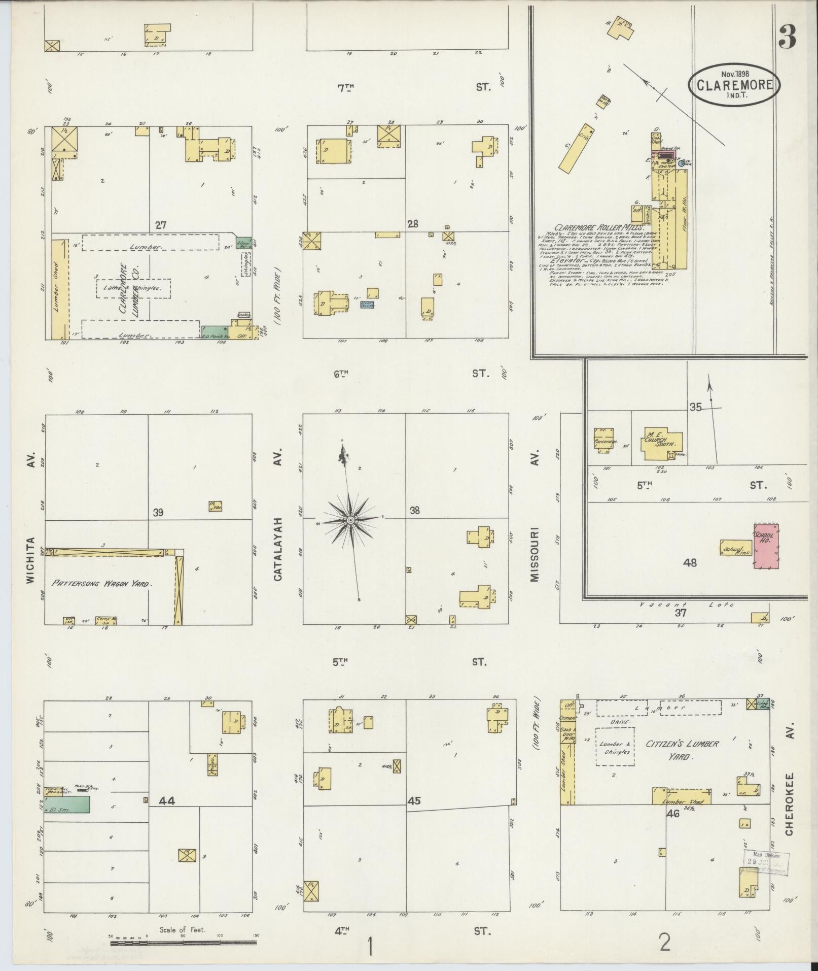 Sanborn Fire Insurance Map from Claremore, Rogers County, Oklahoma (1898), Sheet #0003 - Complete Map Set gallery image, historic Sanborn map, vintage wall art, Oklahoma Oklahoma
