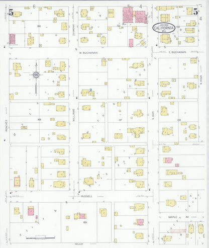 Sanborn Fire Insurance Map from California, Moniteau County, Missouri (1930), Sheet #0005 - Complete Map Set gallery image, historic Sanborn map, vintage wall art, Missouri Missouri
