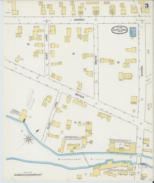 Sanborn Fire Insurance Map from Oakland, Knnebec County, Maine (1892), Sheet #0003 - Historic Sanborn Fire Insurance Map Print, vintage old map wall art, antique decor, genealogy gift, Maine Maine map