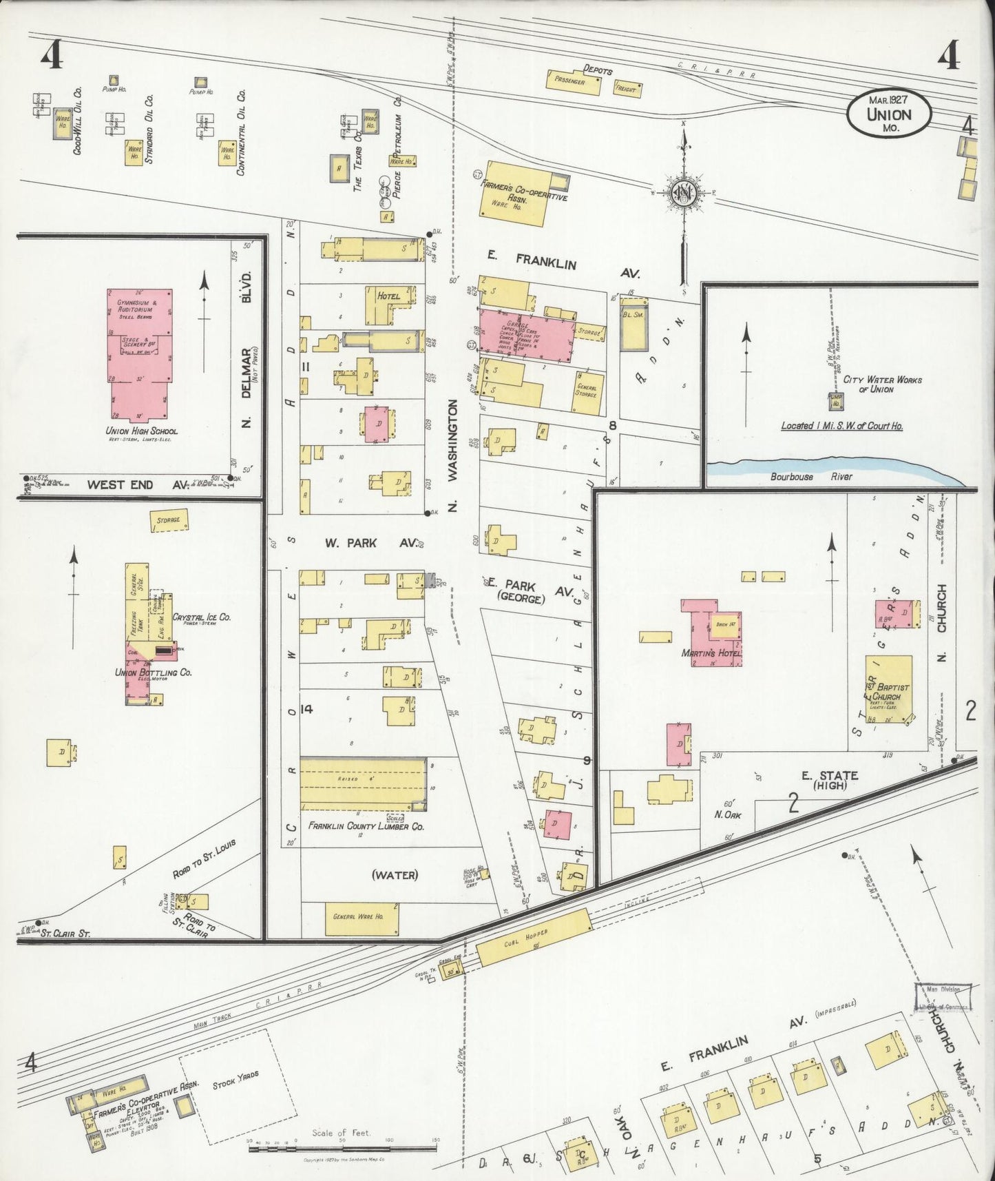 Sanborn Fire Insurance Map from Union, Franklin County, Missouri (1927), Sheet #0004 - Complete Map Set gallery image, historic Sanborn map, vintage wall art, Missouri Missouri