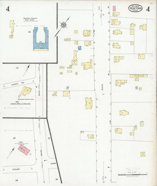 Sanborn Fire Insurance Map from Newtown, Fairfield County, Connecticut (1929), Sheet #0004 - Historic Sanborn Fire Insurance Map Print, vintage old map wall art, antique decor, genealogy gift, Connecticut Connecticut map