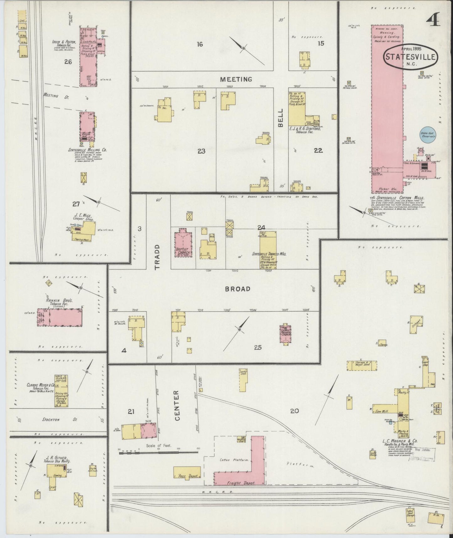 Sanborn Fire Insurance Map from Statesville, Iredell County, North Carolina (1895), Sheet #0004 - Historic Sanborn Fire Insurance Map Print, vintage old map wall art, antique decor, genealogy gift, North Carolina North Carolina map