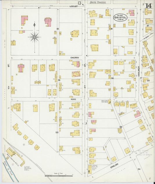 Sanborn Fire Insurance Map from Bristol, Sullivan County, Tennessee (1902), Sheet #0014 - Historic Sanborn Fire Insurance Map Print, vintage old map wall art, antique decor, genealogy gift, Tennessee Tennessee map