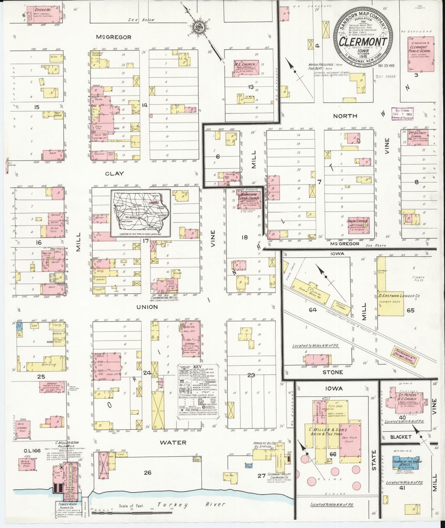 Sanborn Fire Insurance Map from Clermont, Fayette County, Iowa (1915), Sheet #0001 - Historic Sanborn Fire Insurance Map Print, vintage old map wall art
