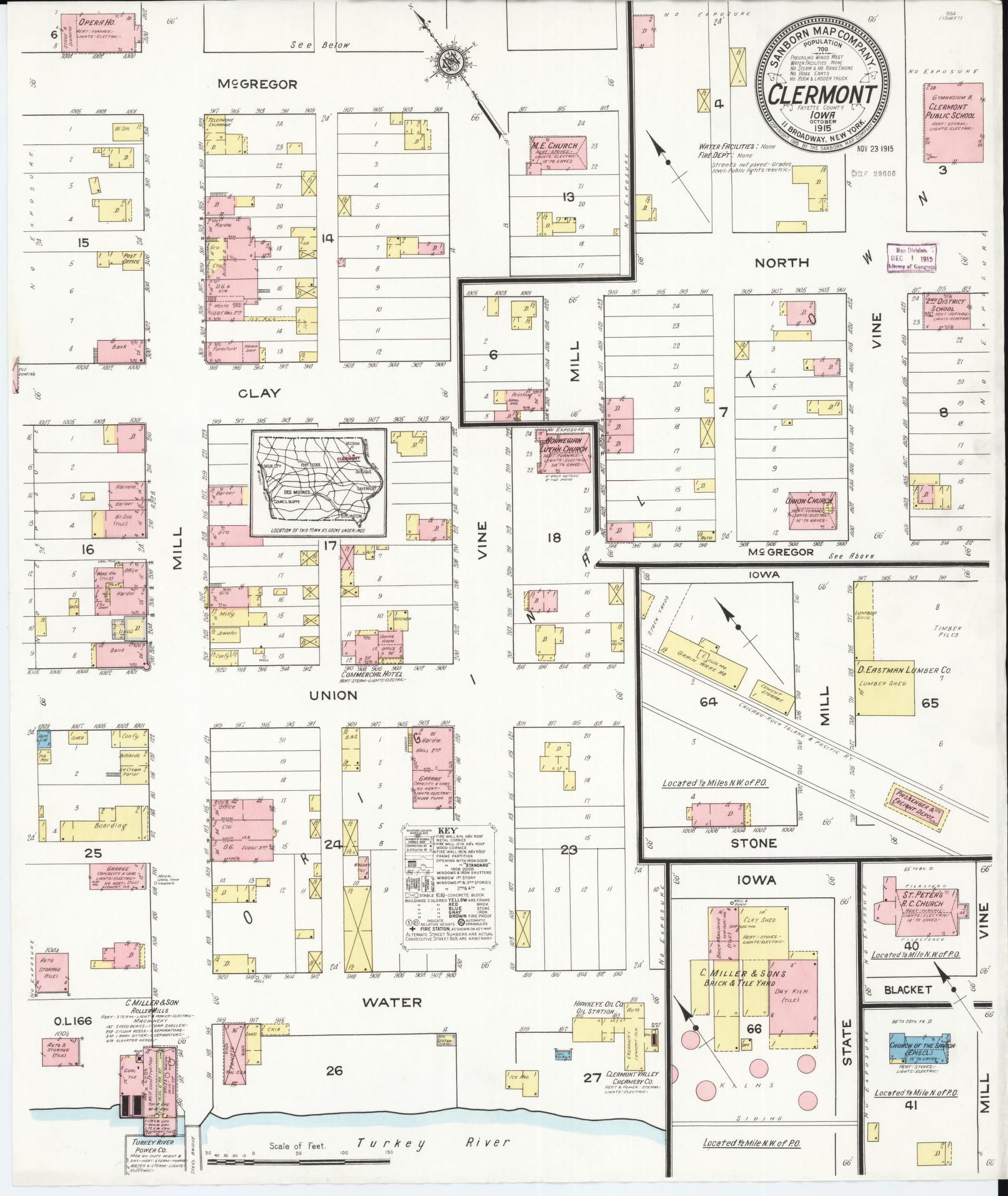 Sanborn Fire Insurance Map from Clermont, Fayette County, Iowa (1915), Sheet #0001 - Historic Sanborn Fire Insurance Map Print, vintage old map wall art