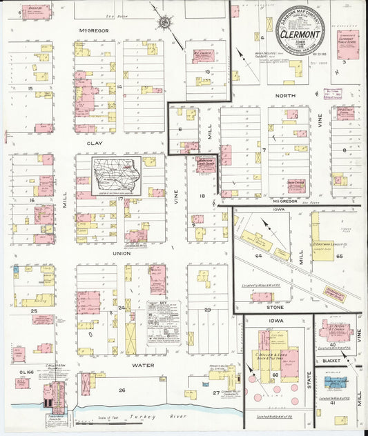 Sanborn Fire Insurance Map from Clermont, Fayette County, Iowa (1915), Sheet #0001 - Historic Sanborn Fire Insurance Map Print, vintage old map wall art