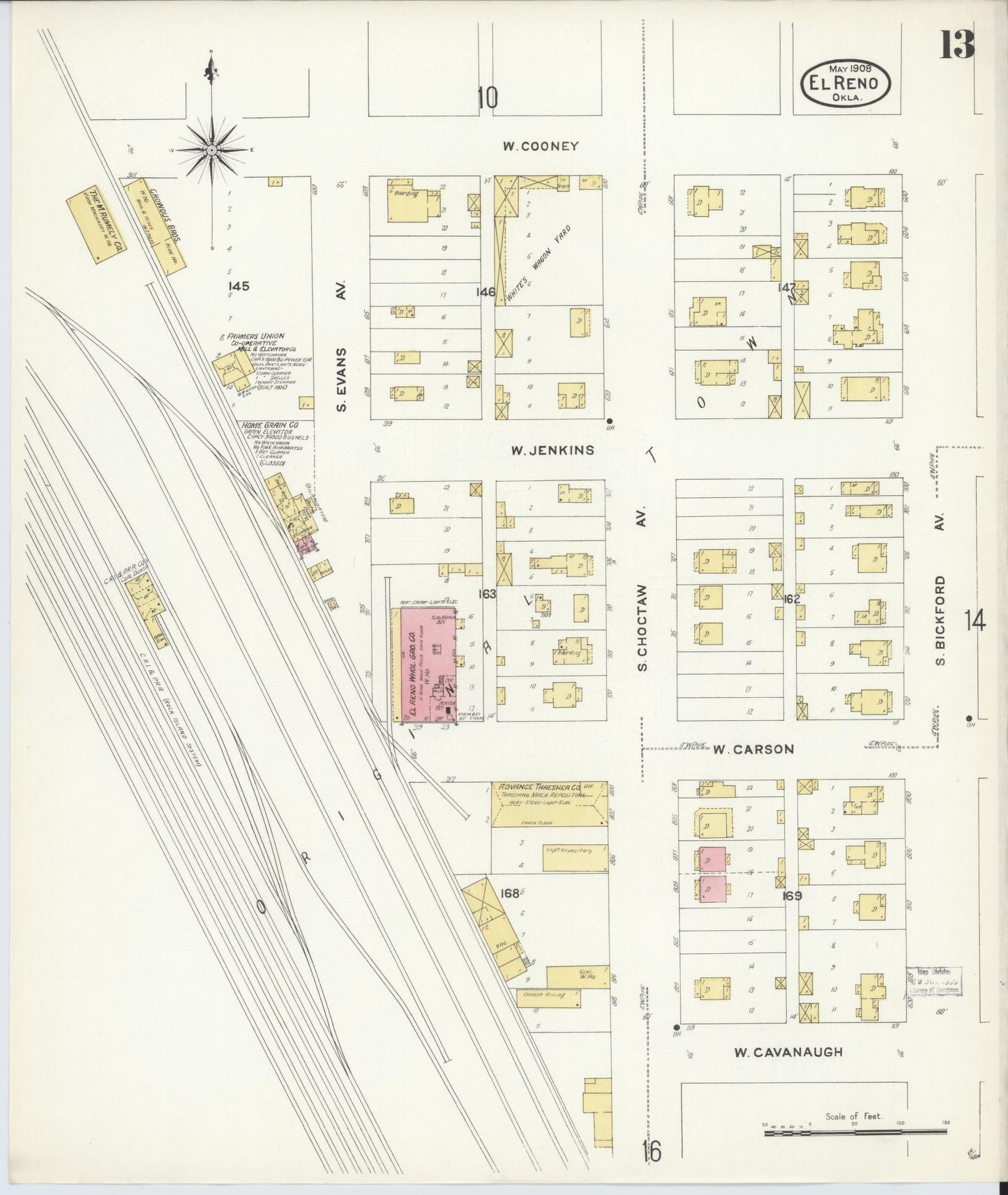 Sanborn Fire Insurance Map from El Reno, Canadian County, Oklahoma (1908), Sheet #0013 - Historic Sanborn Fire Insurance Map Print, vintage old map wall art, antique decor, genealogy gift, Oklahoma Oklahoma map