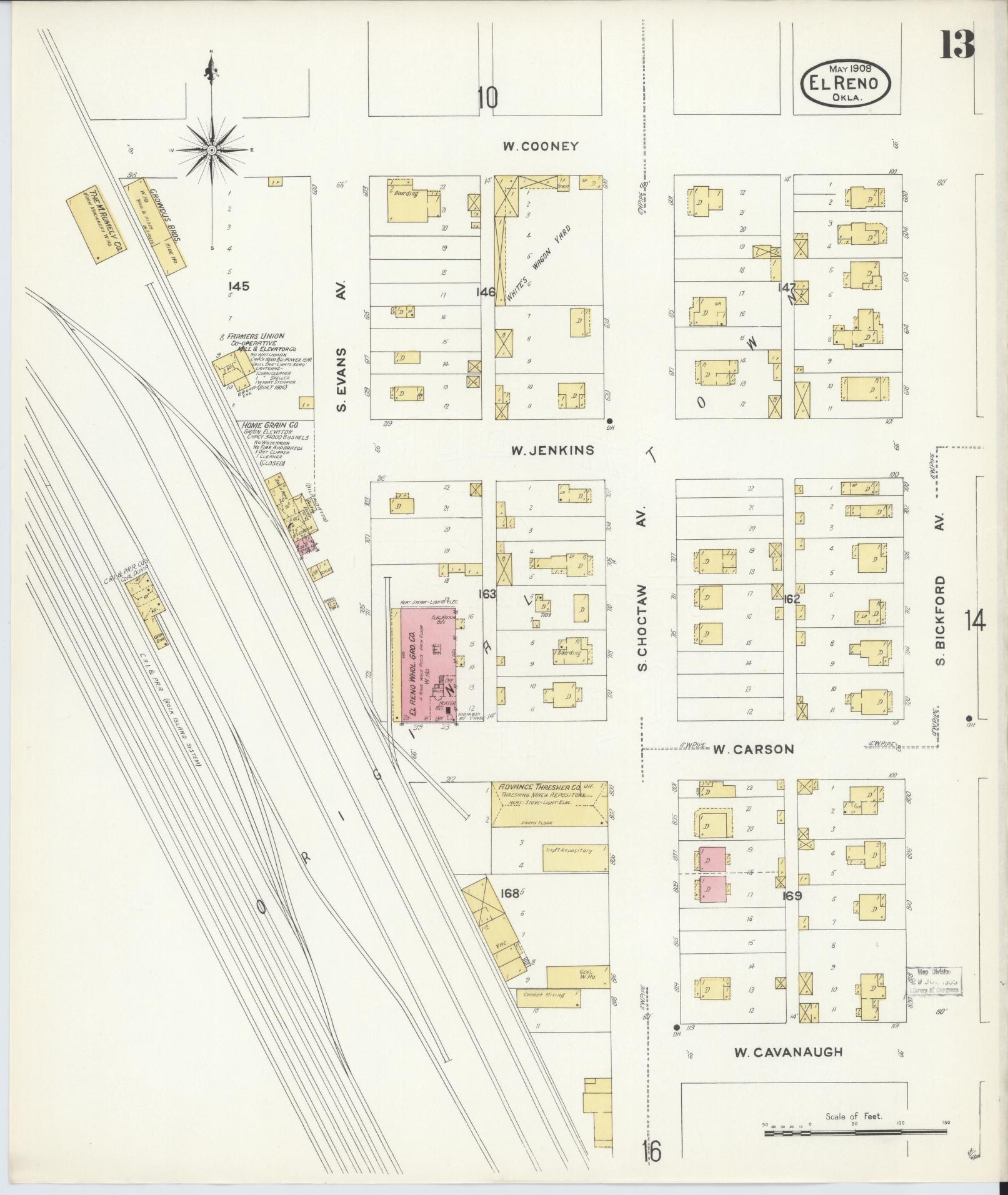Sanborn Fire Insurance Map from El Reno, Canadian County, Oklahoma (1908), Sheet #0013 - Historic Sanborn Fire Insurance Map Print, vintage old map wall art, antique decor, genealogy gift, Oklahoma Oklahoma map