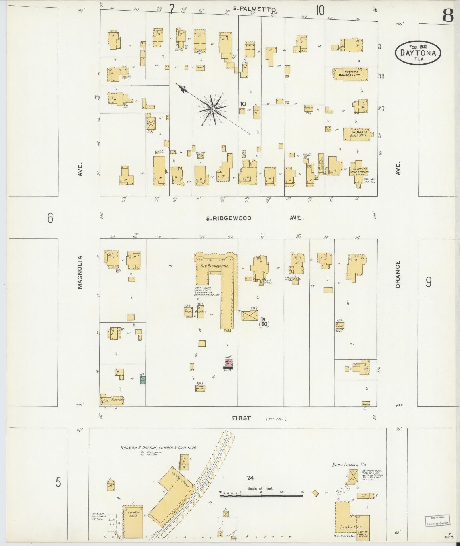 Sanborn Fire Insurance Map from Daytona, Volusia County, Florida (1906), Sheet #0008 - Complete Map Set gallery image, historic Sanborn map, vintage wall art, Florida Florida