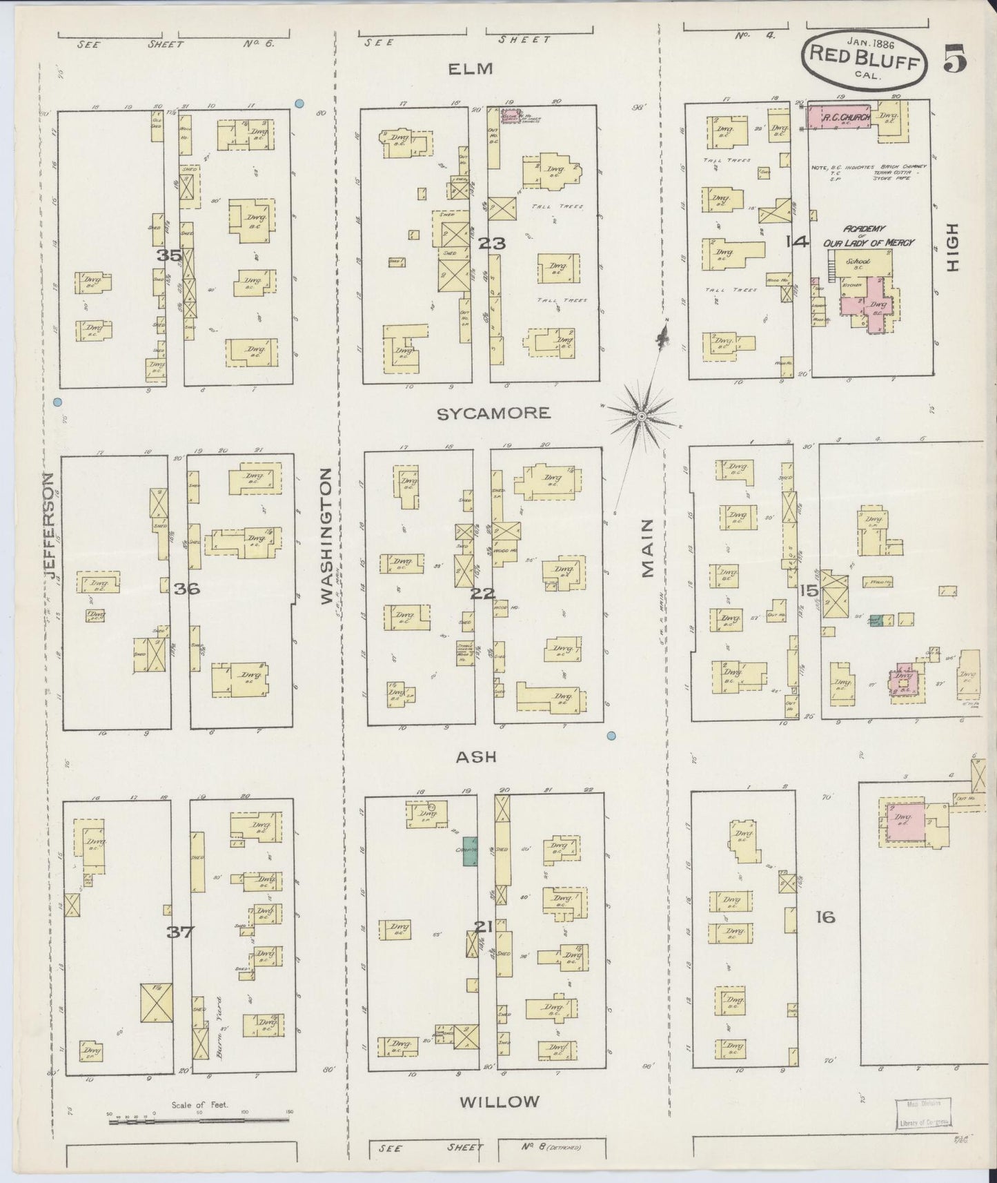 Sanborn Fire Insurance Map from Red Bluff, Tehama County, California (1886), Sheet #0005 - Complete Map Set gallery image, historic Sanborn map, vintage wall art, California California