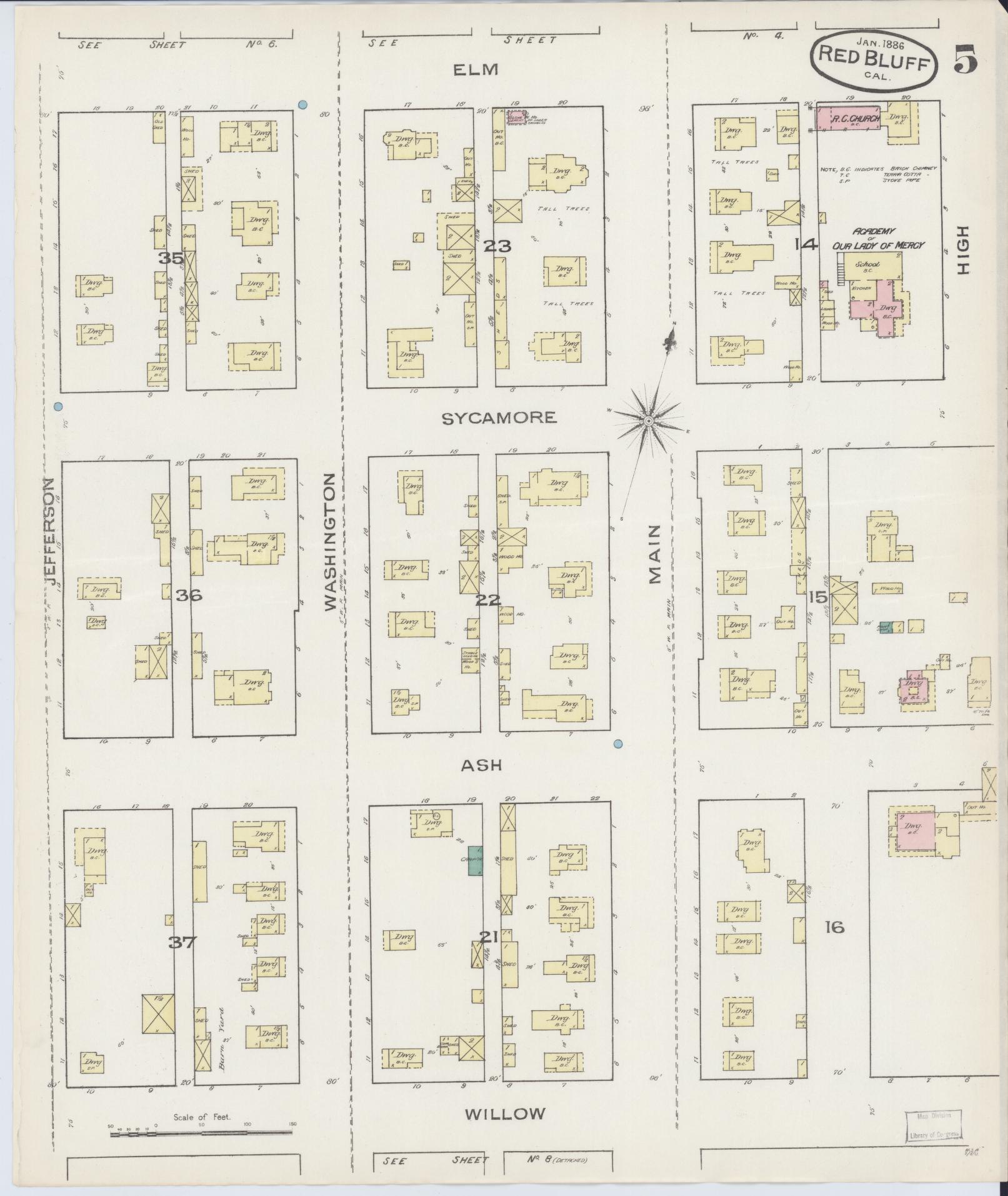 Sanborn Fire Insurance Map from Red Bluff, Tehama County, California (1886), Sheet #0005 - Complete Map Set gallery image, historic Sanborn map, vintage wall art, California California