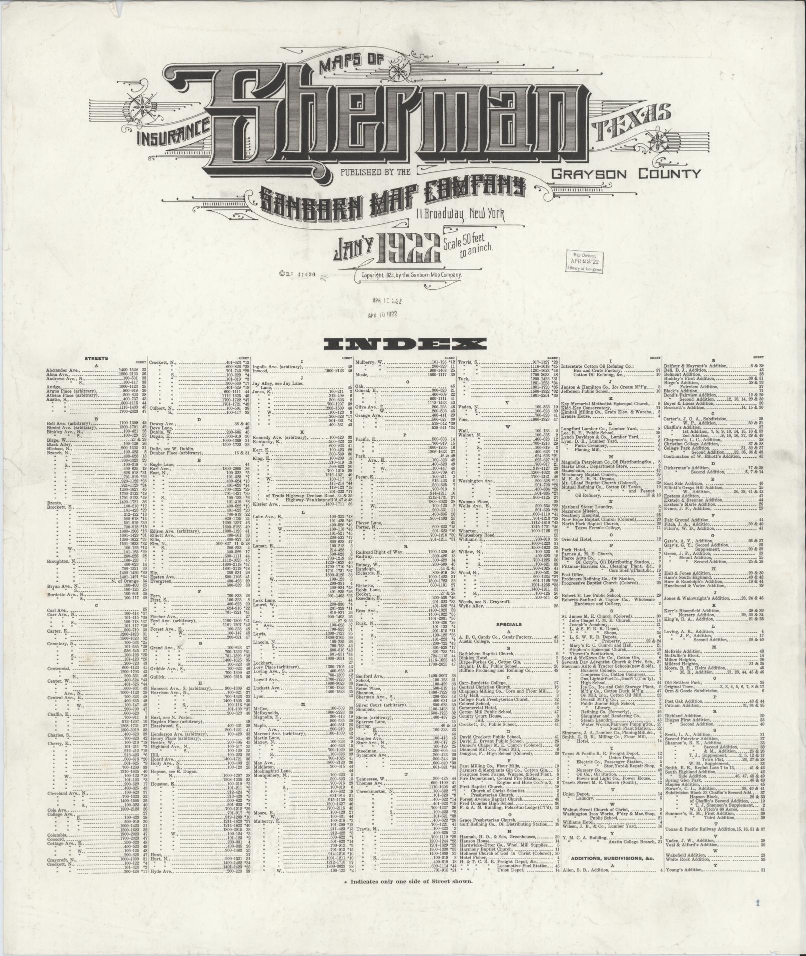 Sanborn Fire Insurance Map from Sherman, Grayson County, Texas. (1922) – Historic Sanborn Fire Insurance Map Print