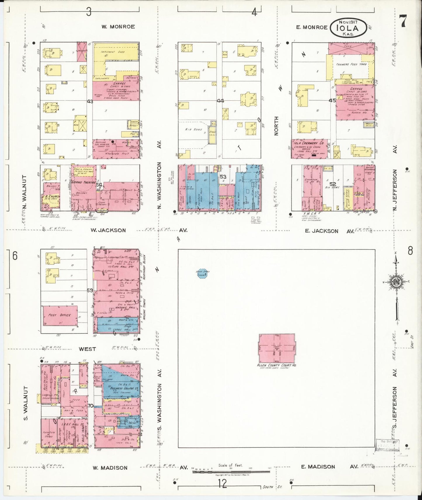 Sanborn Fire Insurance Map from Iola, Allen County, Kansas (1917), Sheet #0007 - Complete Map Set gallery image, historic Sanborn map, vintage wall art, Kansas Kansas