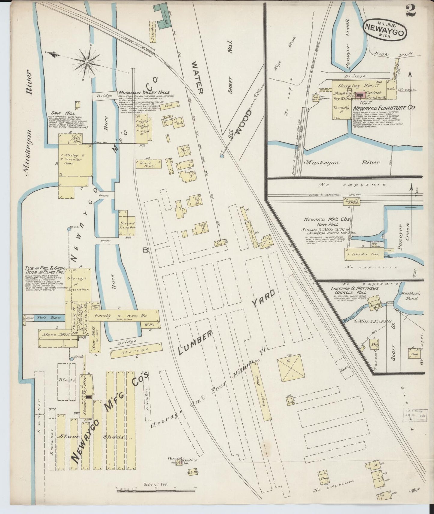 Sanborn Fire Insurance Map from Newaygo, Newaygo County, Michigan (1886), Sheet #0002 - Complete Map Set gallery image, historic Sanborn map, vintage wall art, Michigan Michigan