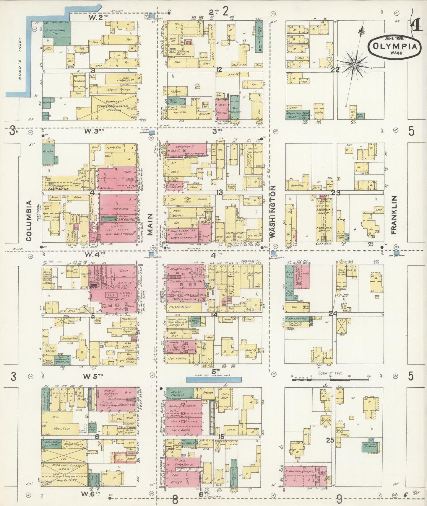 Sanborn Fire Insurance Map from Olympia, Thurston County, Washington (1896), Sheet #0004 - Complete Map Set gallery image, historic Sanborn map, vintage wall art, Washington Washington