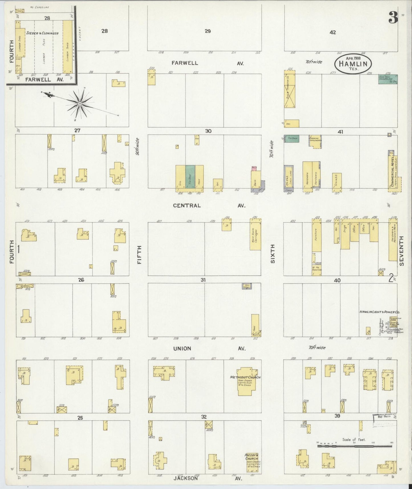Sanborn Fire Insurance Map from Hamlin, Jones County, Texas (1908), Sheet #0003 - Historic Sanborn Fire Insurance Map Print, vintage old map wall art, antique decor, genealogy gift, Texas Texas map
