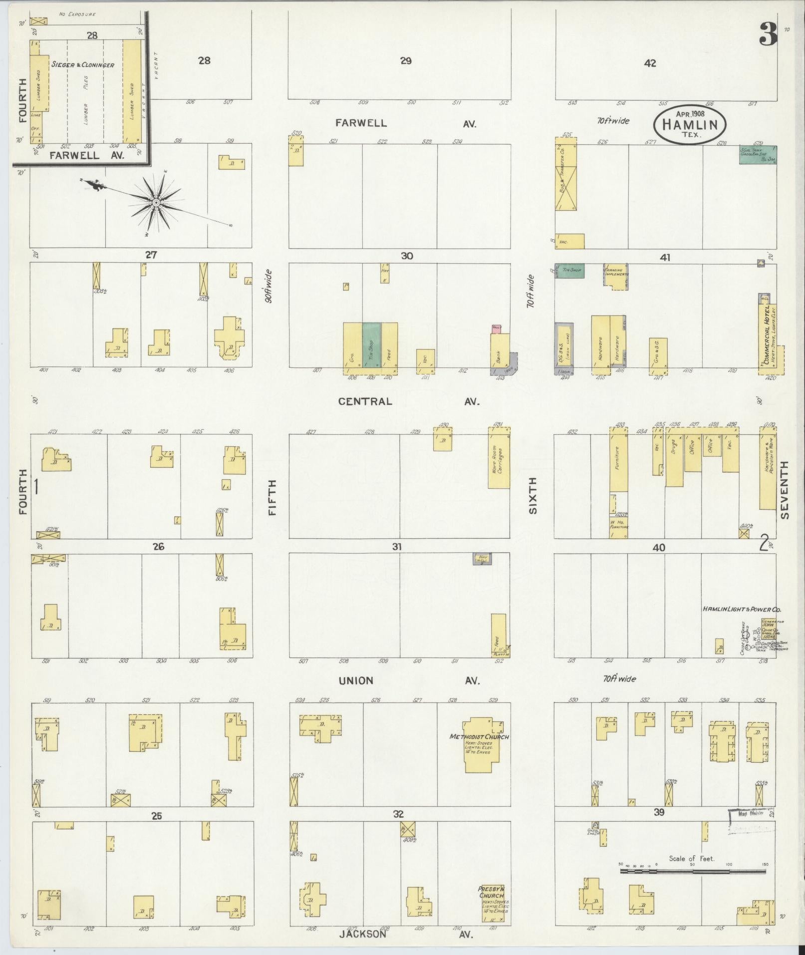 Sanborn Fire Insurance Map from Hamlin, Jones County, Texas (1908), Sheet #0003 - Historic Sanborn Fire Insurance Map Print, vintage old map wall art, antique decor, genealogy gift, Texas Texas map
