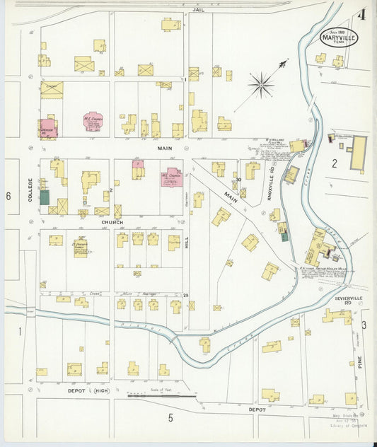 Sanborn Fire Insurance Map from Maryville, Blount County, Tennessee (1909), Sheet #0004 - Historic Sanborn Fire Insurance Map Print, vintage old map wall art, antique decor, genealogy gift, Tennessee Tennessee map