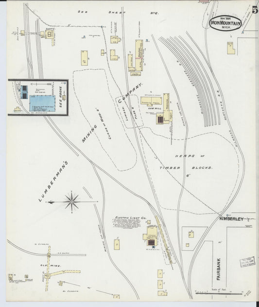 Sanborn Fire Insurance Map from Iron Mountain, Dickinson County, Michigan (1891), Sheet #0005 - Historic Sanborn Fire Insurance Map Print, vintage old map wall art, antique decor, genealogy gift, Michigan Michigan map
